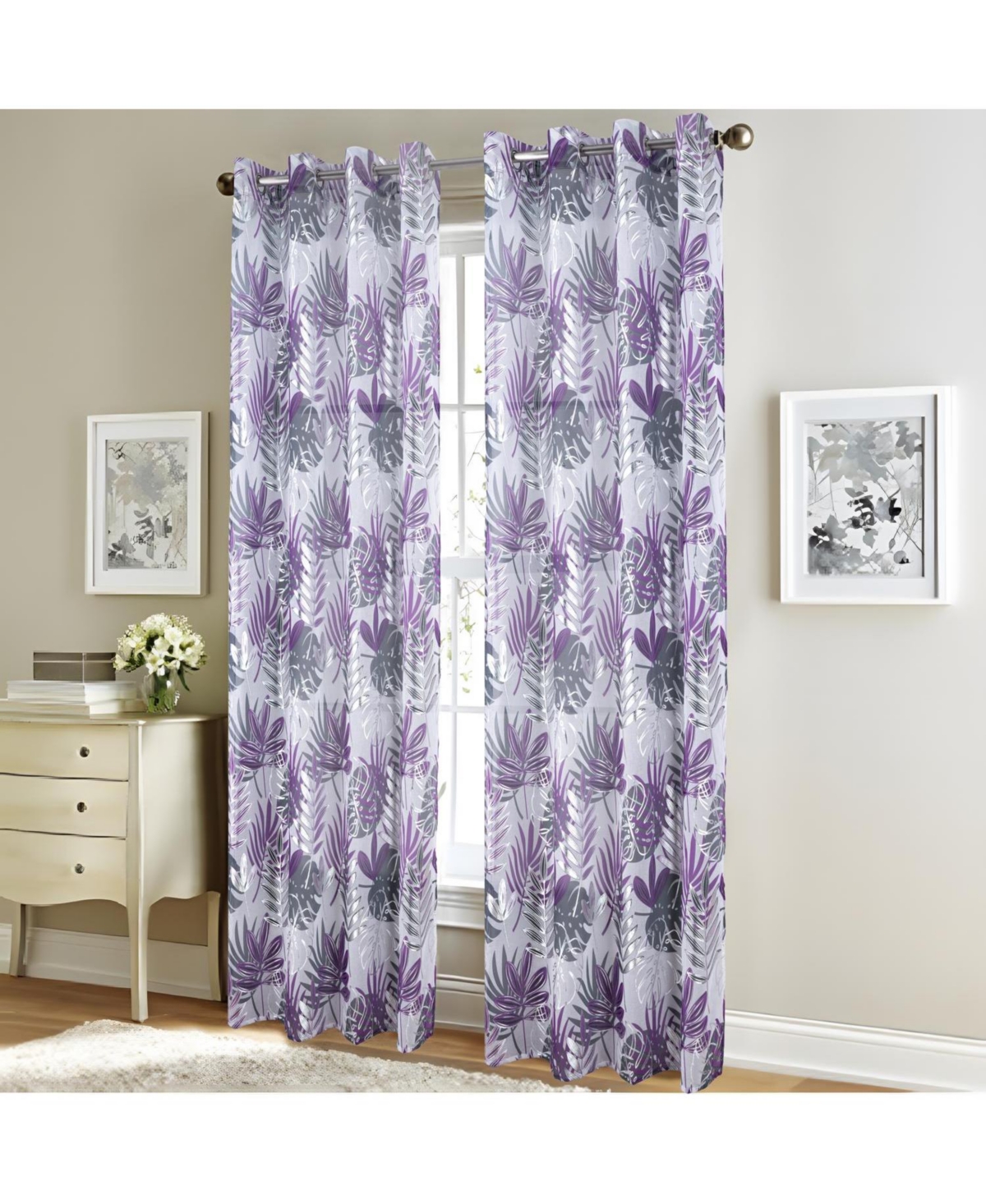 Rt Designer Collection Fern Foil Printed Doily Luxurious Decorative Grommet Curtain Panel 54" x 90" Lilac