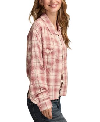 Women's Cropped Plaid Drapey Long-Sleeve Shirt