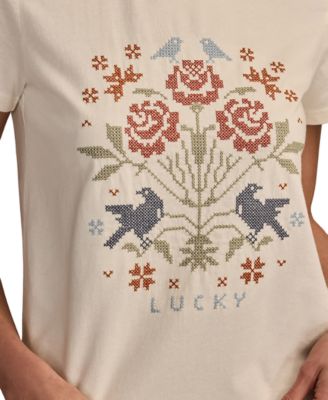 Women's Cross Stitch Floral Crewneck T-Shirt