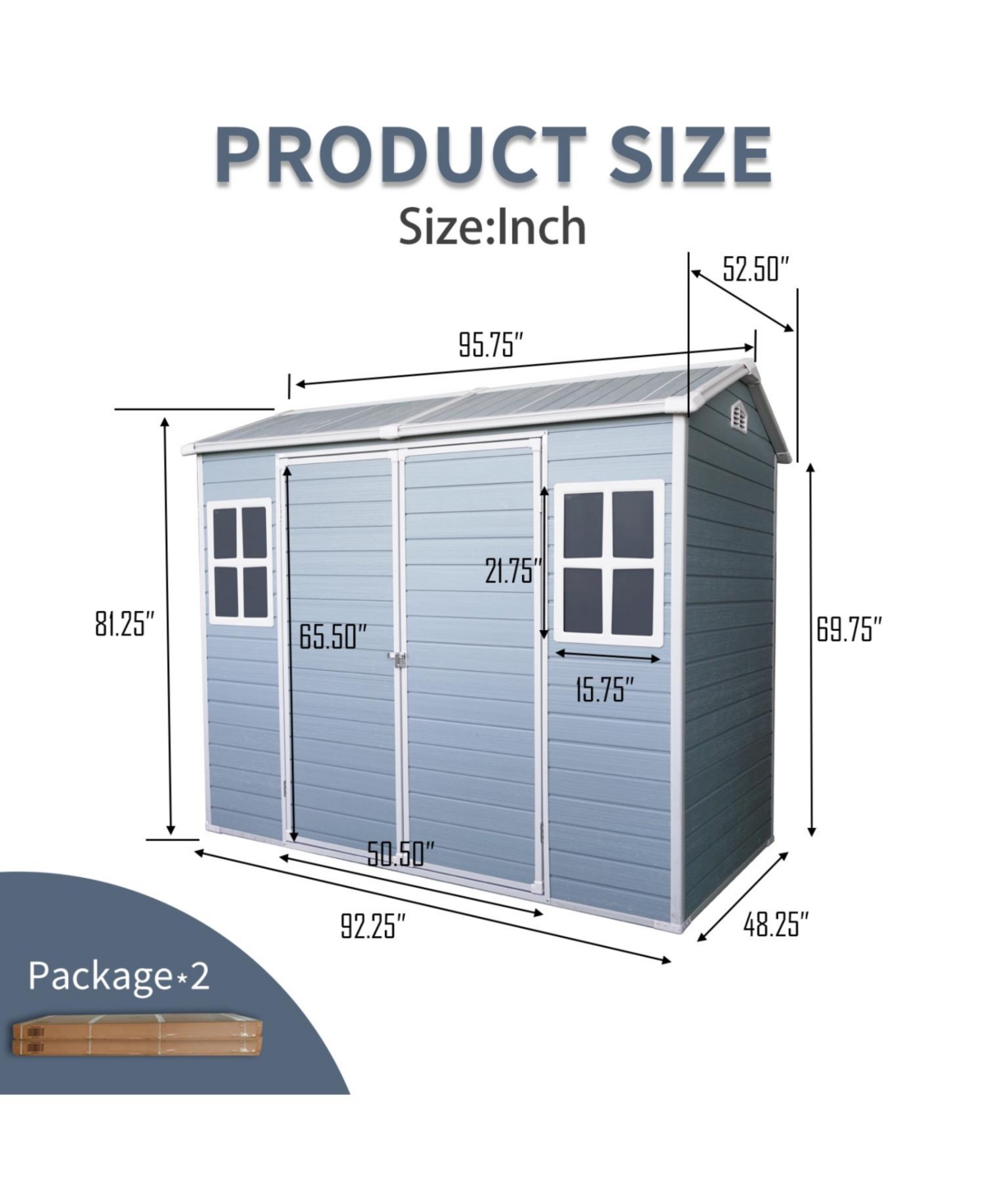 Streamdale 8x4 Outdoor Storage Shed - Double Door, Two Windows, Gray