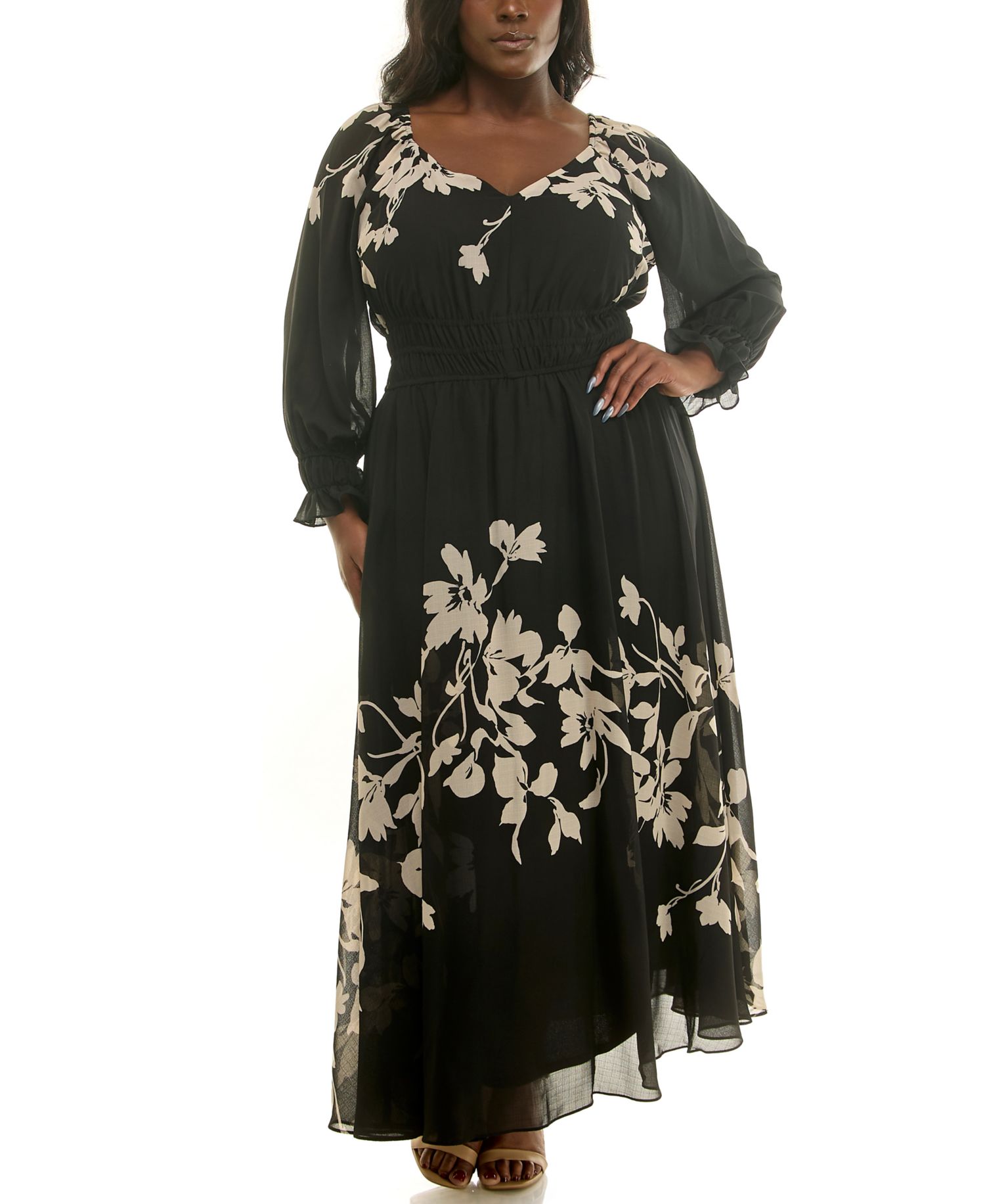 Plus Size Floral-Print Elastic-Waist Chiffon Maxi Dress