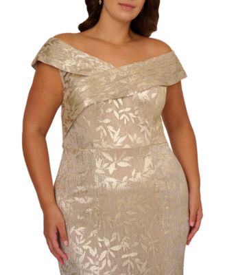 Plus Size Foil Leaf Mermaid Off-The-Shoulder Gown