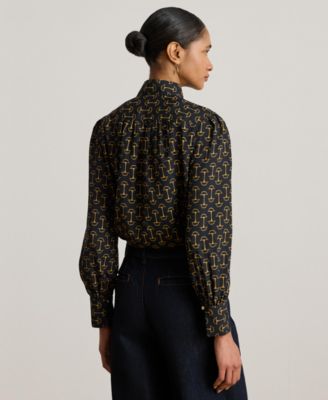 Women's Geo-Print Crepe Tie-Neck Blouse