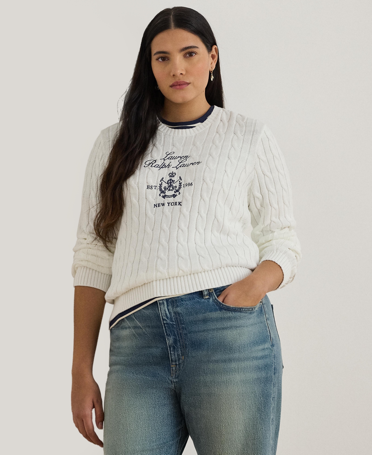 Lauren Ralph Lauren Plus Size Embroidered-Crest Long-Sleeve Sweater