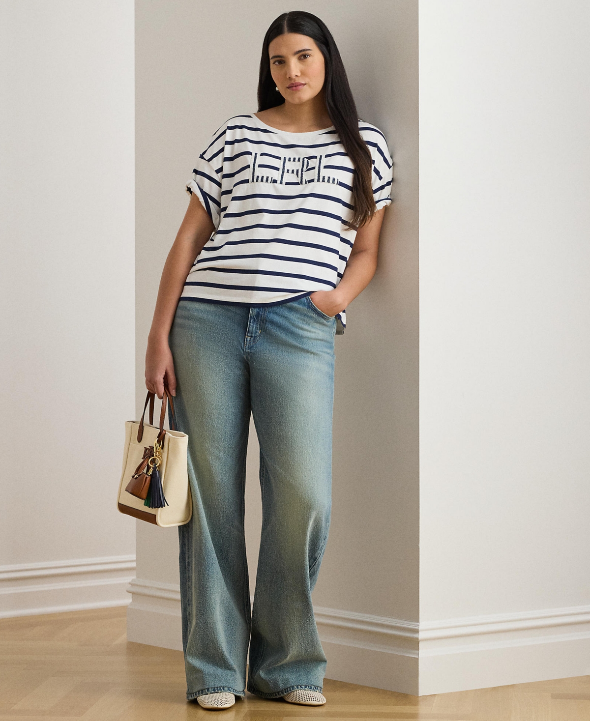 Lauren Ralph Plus Striped Boat Neck T-Shirt