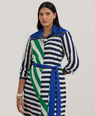 Plus Size Striped Point Collar Shirt Dress