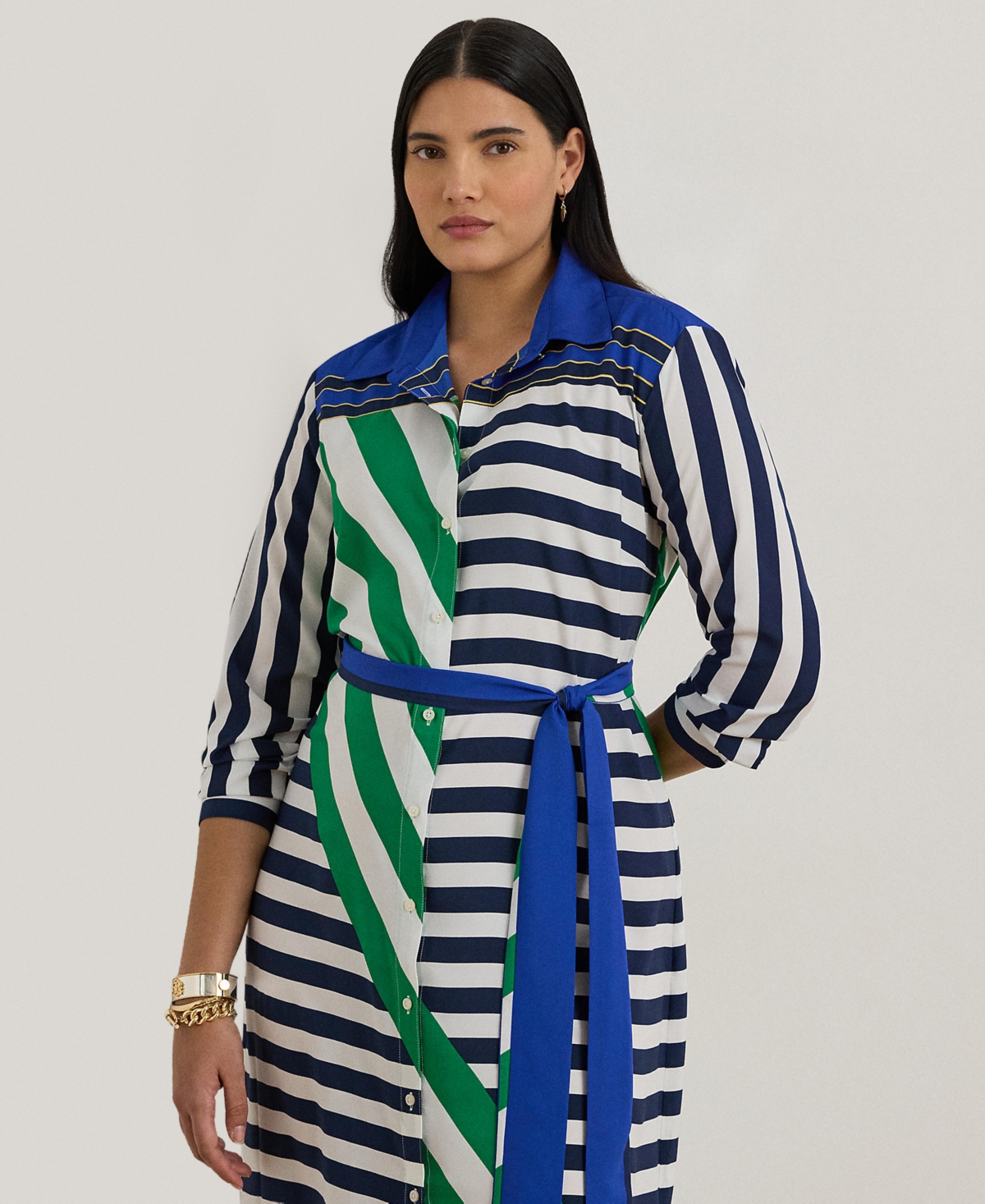Ralph Lauren Plus Size Striped Point Collar Shirtdress In Multi