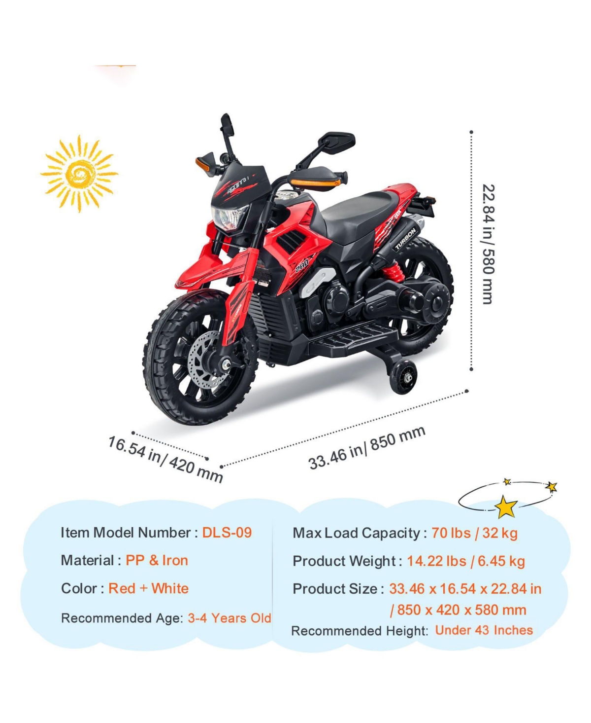 Mecale 12V Kids Ride-On Motorcycle with Training Wheels, Led Lights, Music & Bluetooth