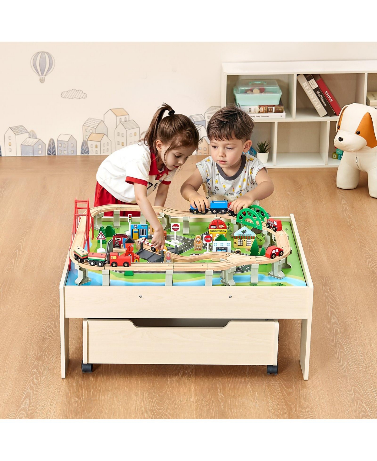 Mecale 3-in-1 Wooden Train Activity Table with 100 Pcs and Rolling Drawer