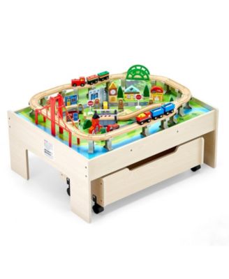 3-in-1 Wooden Train Activity Table with 100 PCS and Rolling Drawer