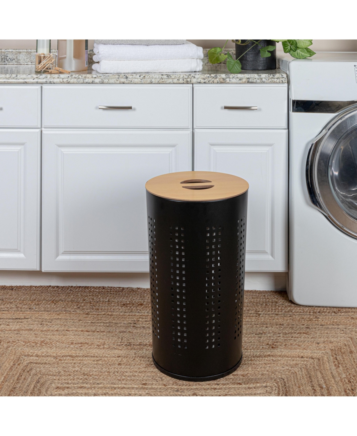 Household Essentials Round Steel Laundry Hamper with Lid, Matte Black