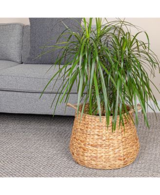 Round Handwoven Water Hyacinth and Seagrass Basket with Handles, Natural