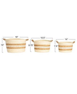 Handwoven Corded Paper and Cattail Striped Baskets with Handles, Set of 3