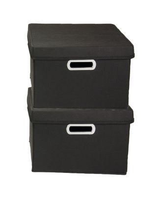 Storage Bins with Lids and Chromed Grommet Handles, Set of 2, Black