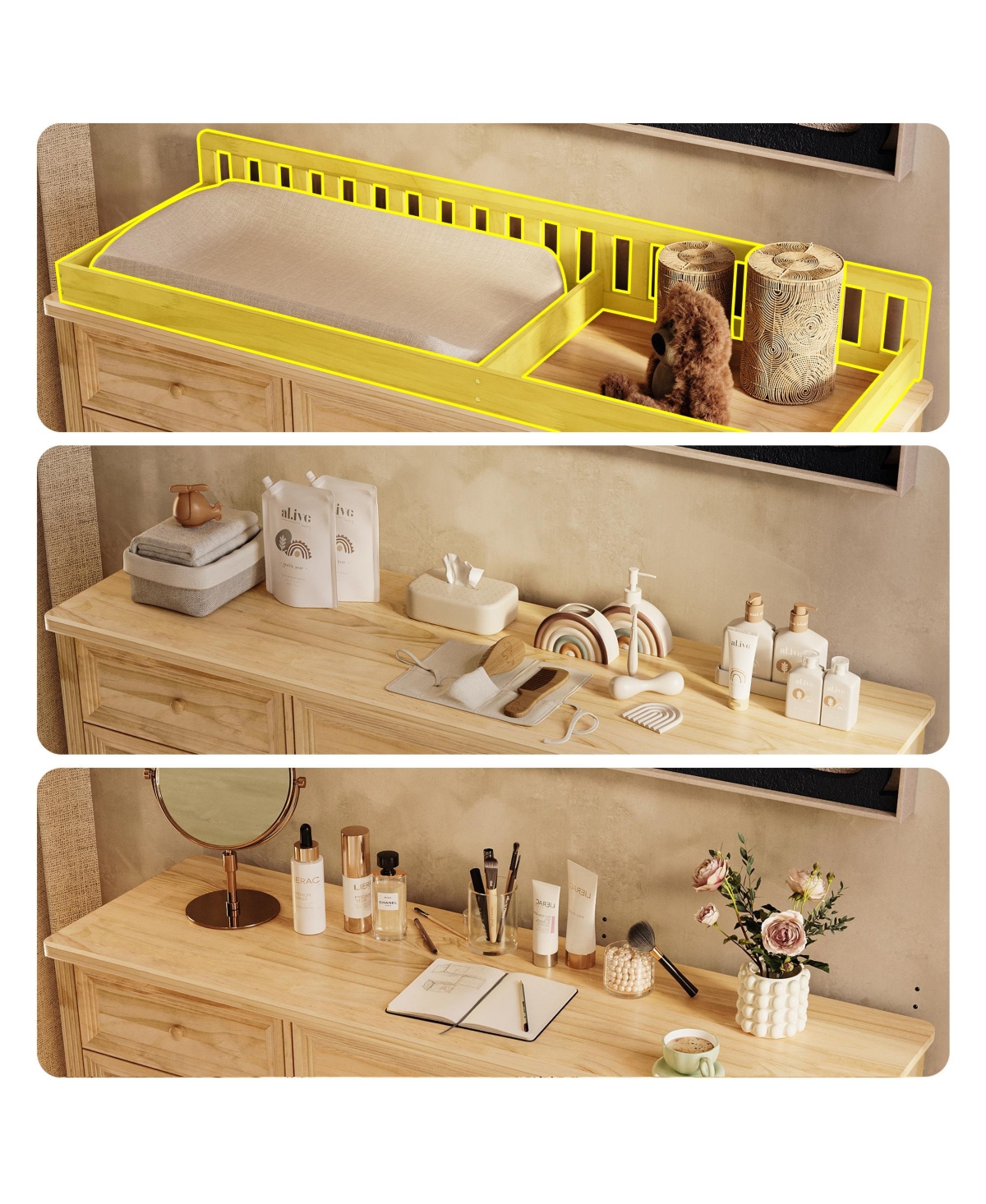 Homsee Solid Wood Changing Table with 12 Drawers and Guardrails, Chest of Drawers