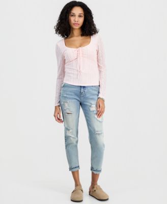 Juniors' Lace Textured Long-Sleeve Top