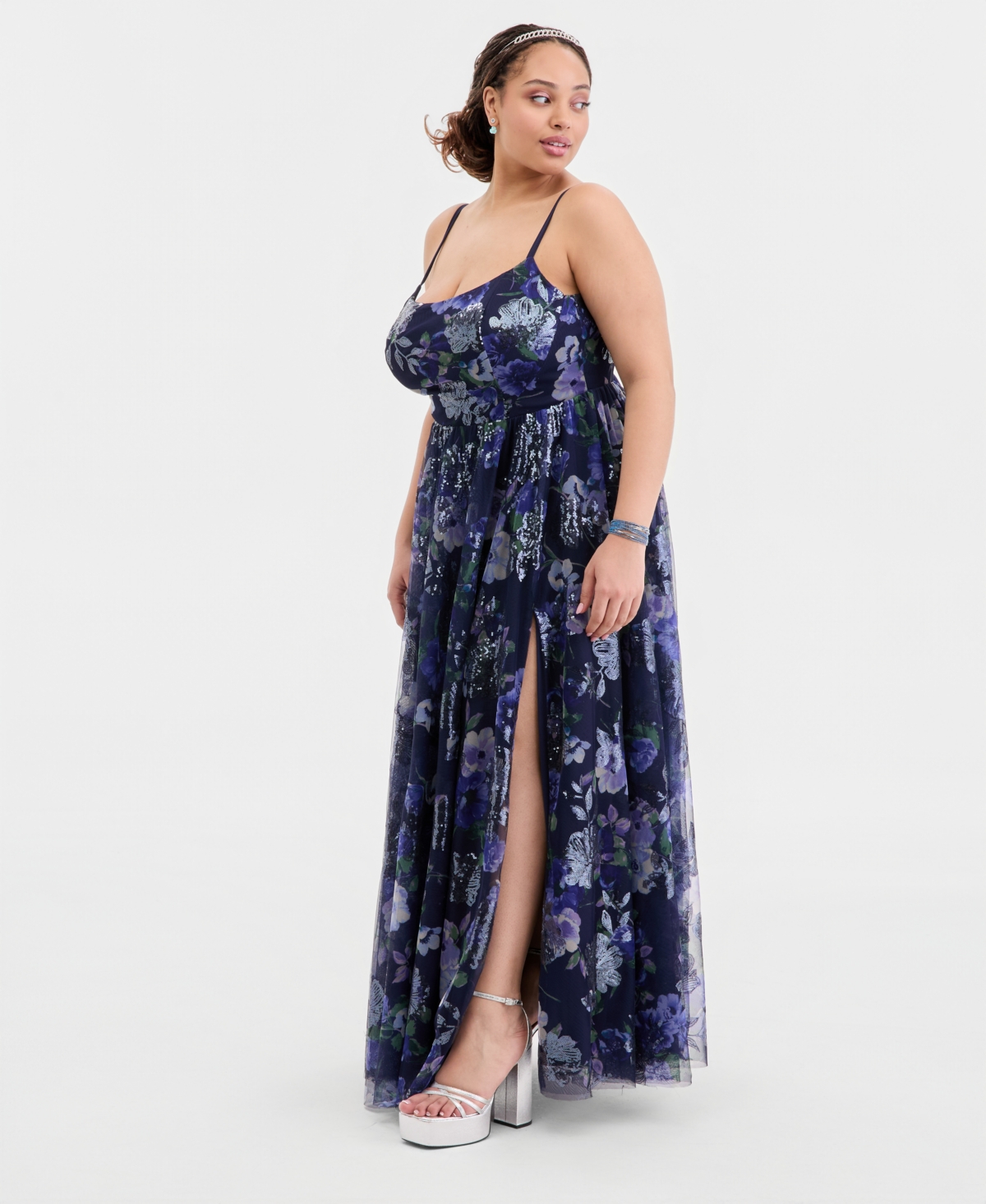 City Studios Trendy Plus Sequined Floral Ball Gown