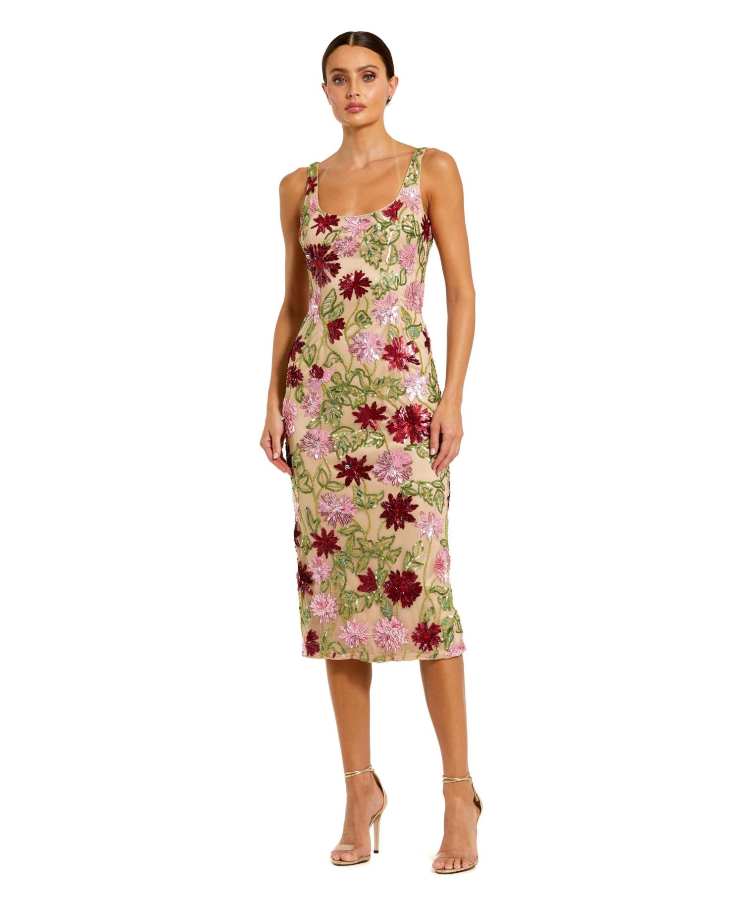 Women's Floral Beaded Mesh Scoop Neck Fitted Midi Dress