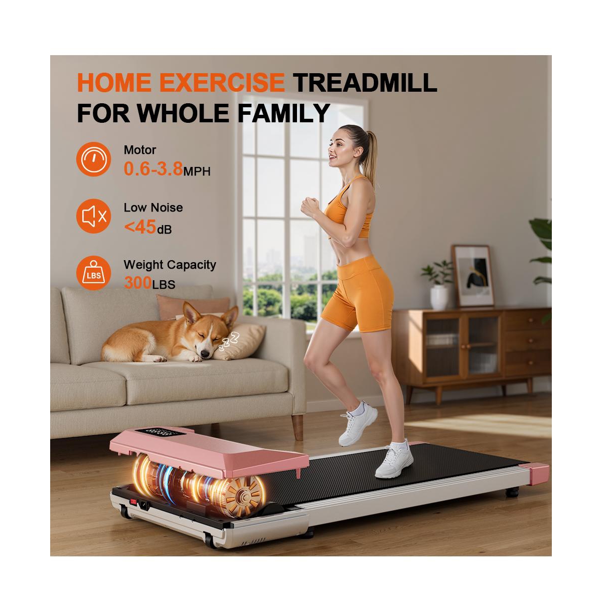 Deerrun Treadmills 15.3539.37 Inch Belt Gold Color,3 in 1 350lbs Capacity Under Desk Walk Pad, 0.6-3.8 Mph with PitPat App