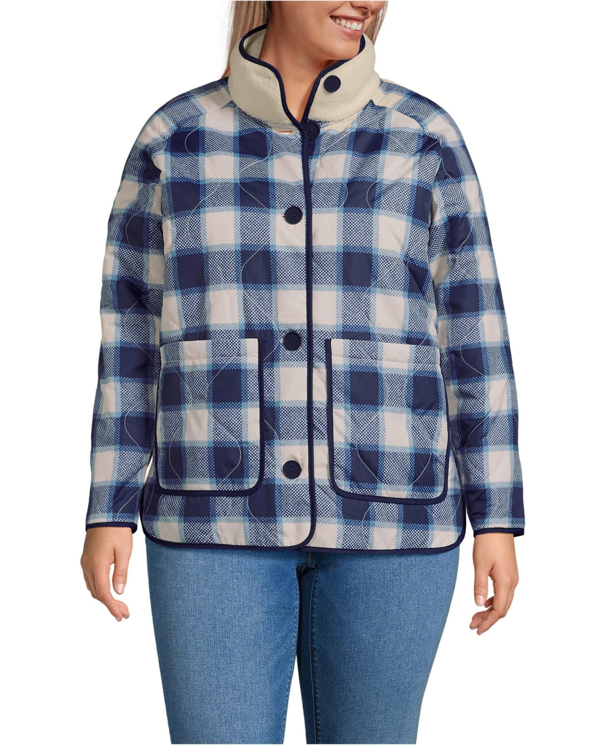 Lands' End Plus Size High Pile Fleece Reversible Mixed Media Long Jacket