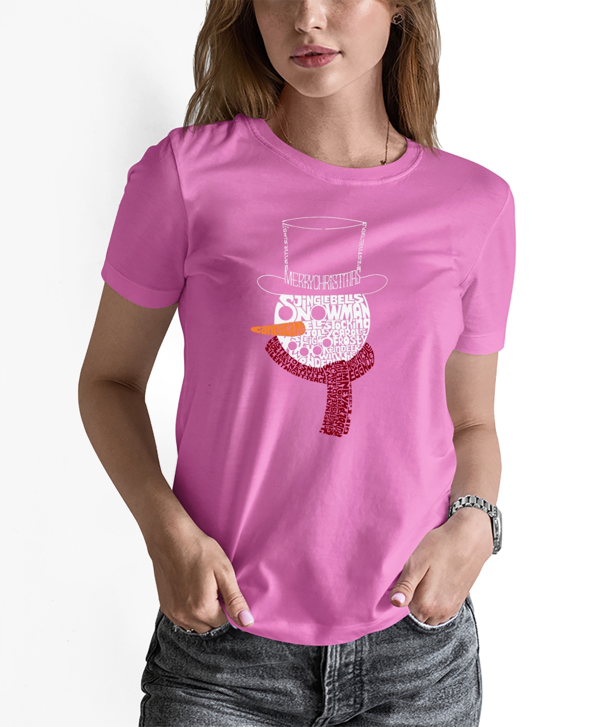 La Pop Art Women's Snowman Face Word Art Long Sleeve T-shirt In Pink