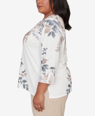 Plus Size Comfort & Joy Asymmetrical Floral Border Crew Neck Top