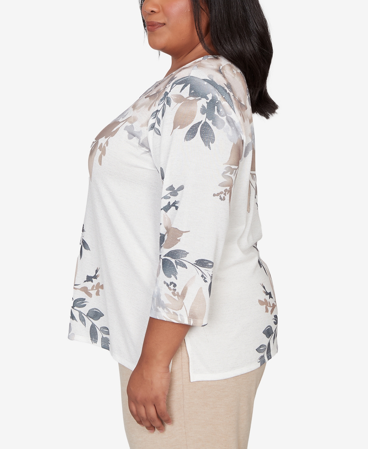 Alfred Dunner Plus Size Comfort & Joy Asymmetrical Floral Border Crew Neck Top In White