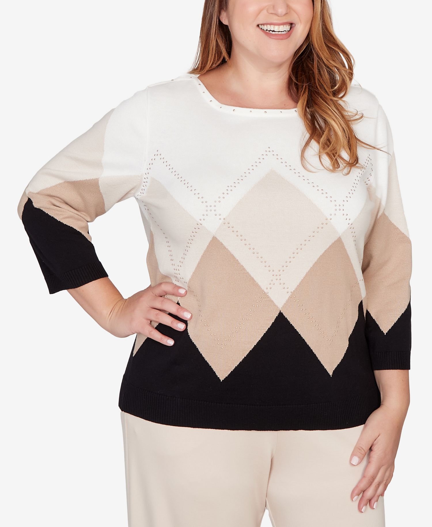 Plus Size Seville Argyle Ribbed Jewel Neck Sweater