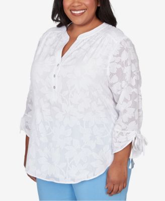 Plus Size St. Augustine Floral Jacquard Tie Sleeve Henley Top