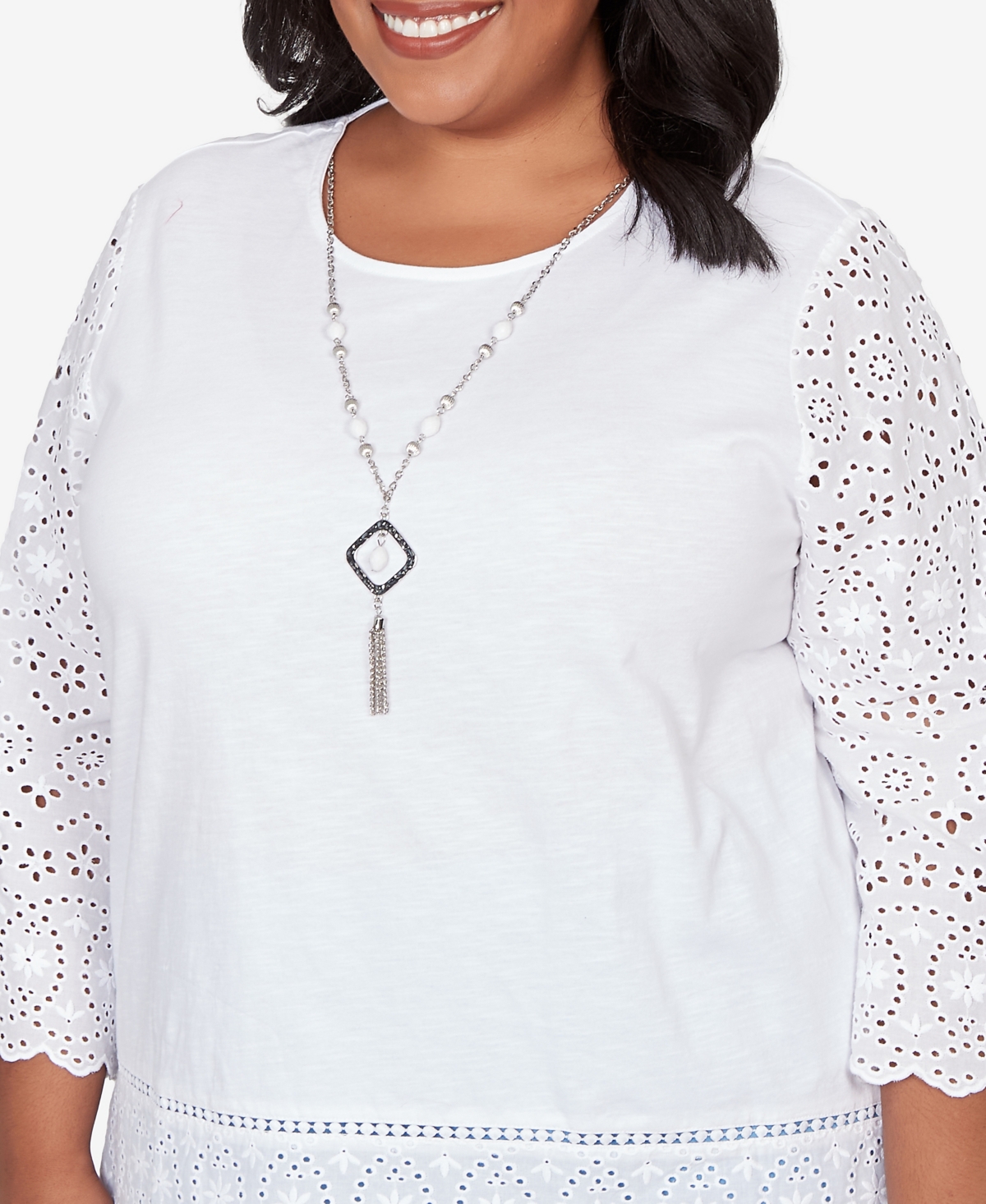 Alfred Dunner Plus Size St. Augustine Solid Eyelet Trim Top With Necklace In White