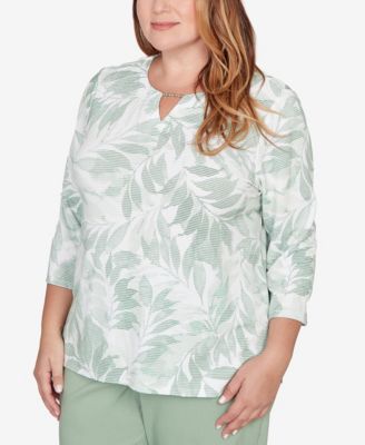 Plus Size St. Augustine Monotone Leaf Print Split Neck Top