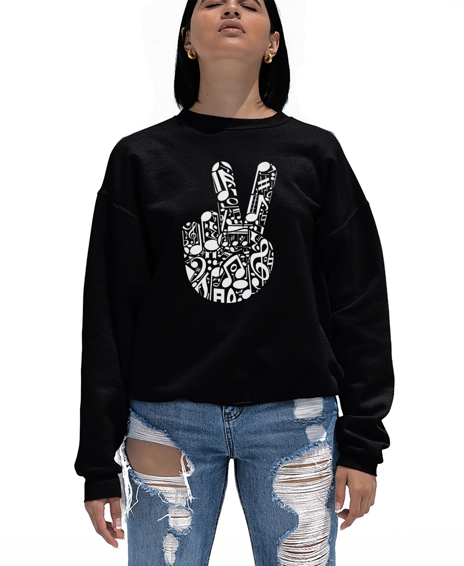 Women's Peace Finger Notes Word Art Crew Neck Sweatshirt