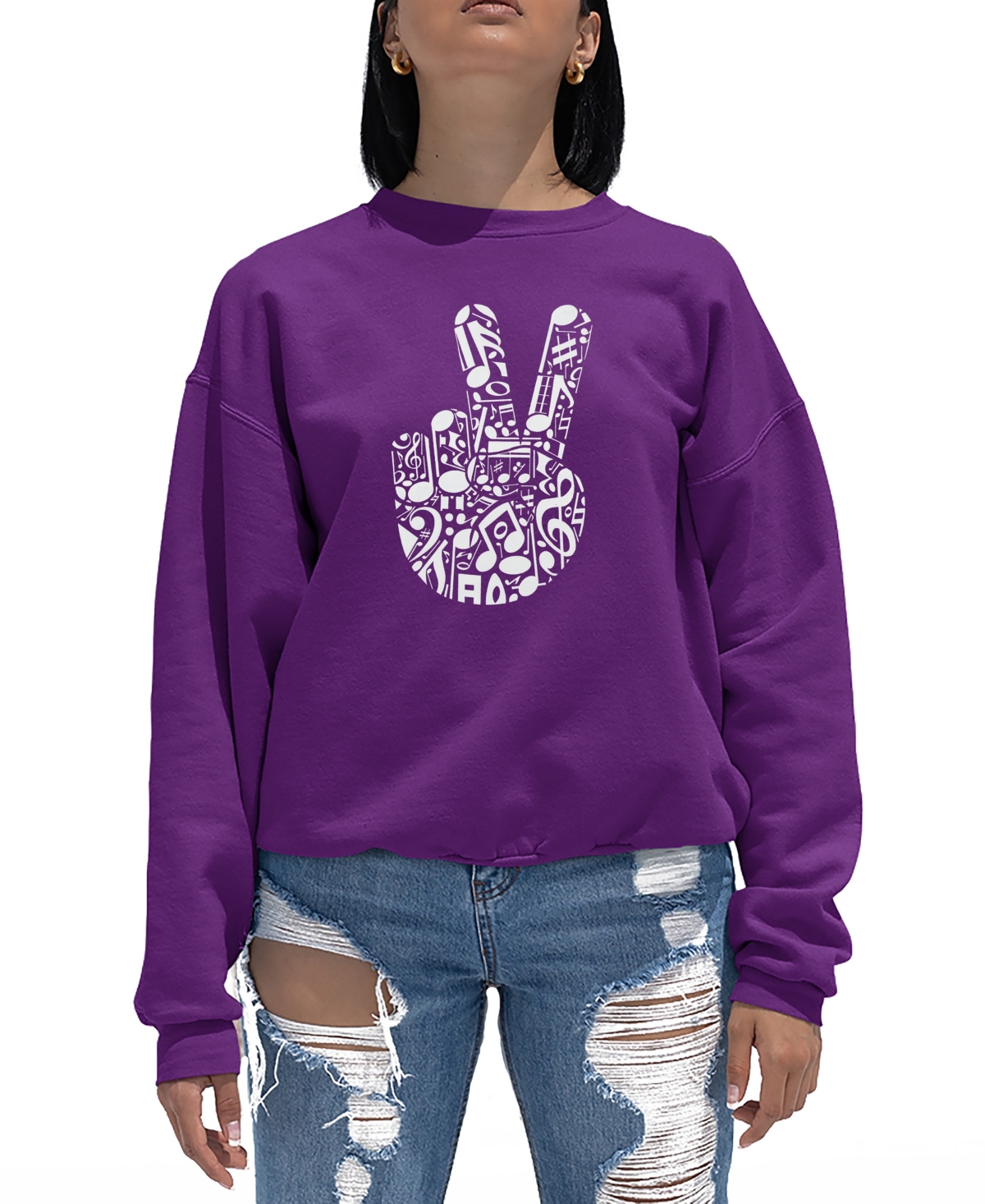 La Pop Art Women's Peace Finger Notes Word Art Crewneck Sweatshirt In Purple
