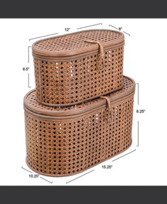 Modern Decorative Oval Woven Rattan Storage Boxes, Set of 2 Sizes, Dark Brown Finish