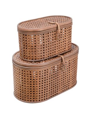 Modern Decorative Oval Woven Rattan Storage Boxes, Set of 2 Sizes, Dark Brown Finish