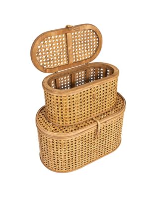 Modern Decorative Oval Woven Rattan Storage Boxes, Set of 2 Sizes, Dark Brown Finish