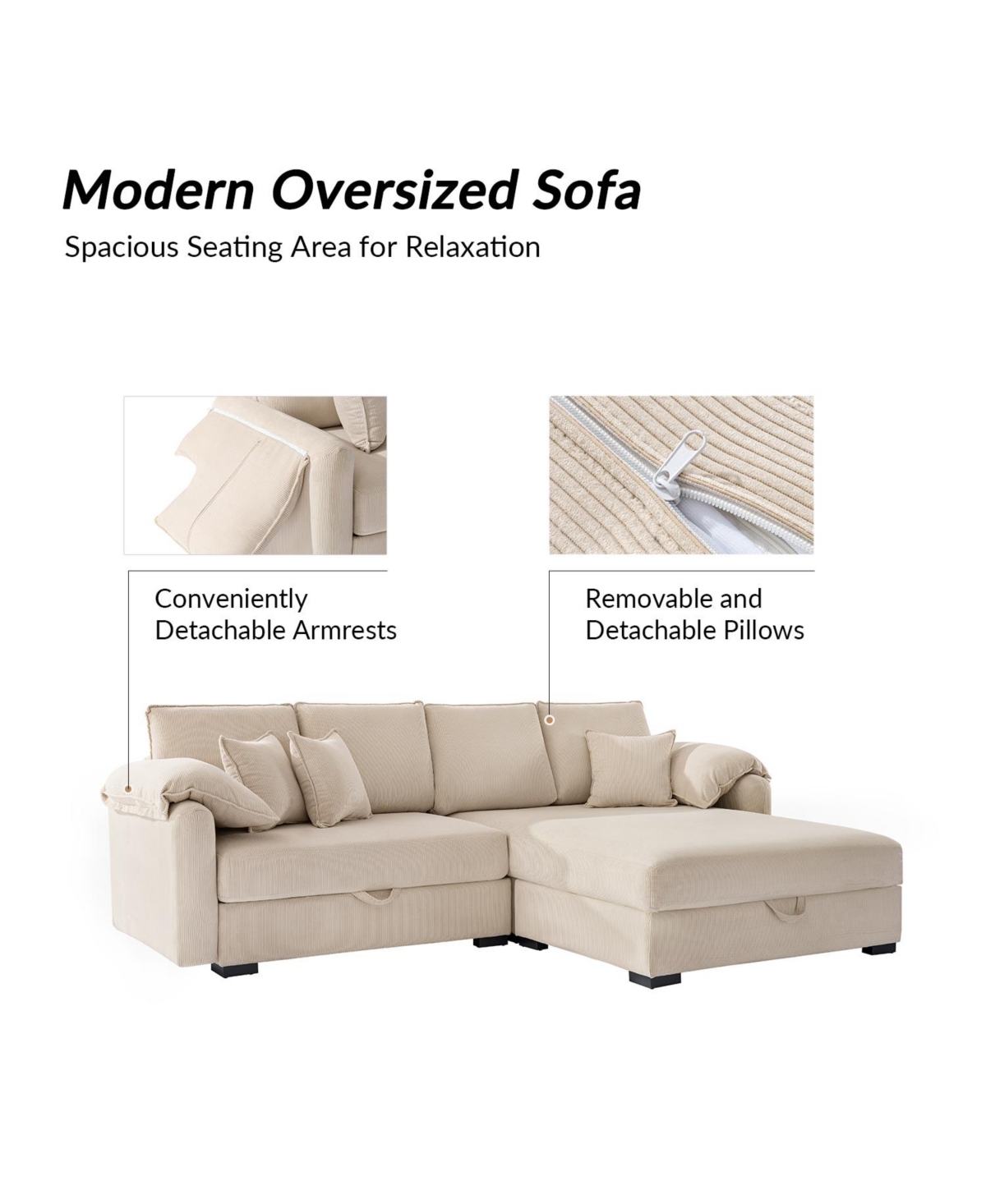 Hulala Home Brandee 2 - Piece Reversible Corduroy Sectional Sofa Chaise with Storage