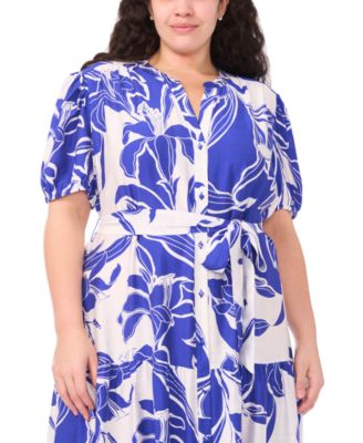 Plus Size Short-Sleeve Printed Tiered Maxi Shirt Dress