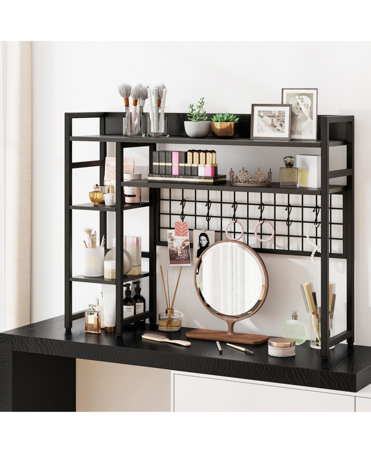 Slickblue Desktop Organizer Rack with 4 Storage Tiers, Grid Wall Panel, and Hanging Hooks For Home Office or Study