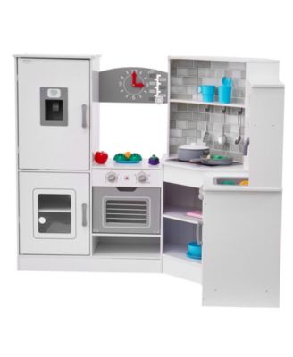Corner Wooden Play Kitchen, Toy Set with Lights & Sounds, Ice Maker, Oven, Sink, Clock, Microwave, Fridge & Accessories