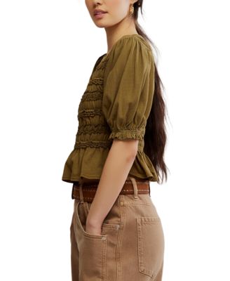 Women's Cotton Puff-Sleeve Peplum Top