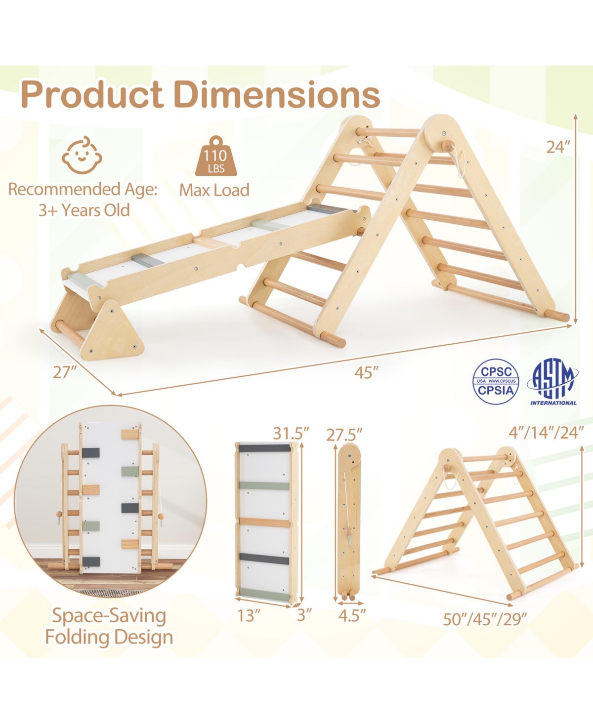 Skonyon 3-in-1 Foldable Pikler Triangle Climbing Set with Ramp – Natural Montessori Toys