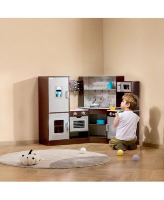 Corner Wooden Play Kitchen, Toy Set with Lights & Sounds, Ice Maker, Oven, Sink, Clock, Microwave, Fridge & Accessories