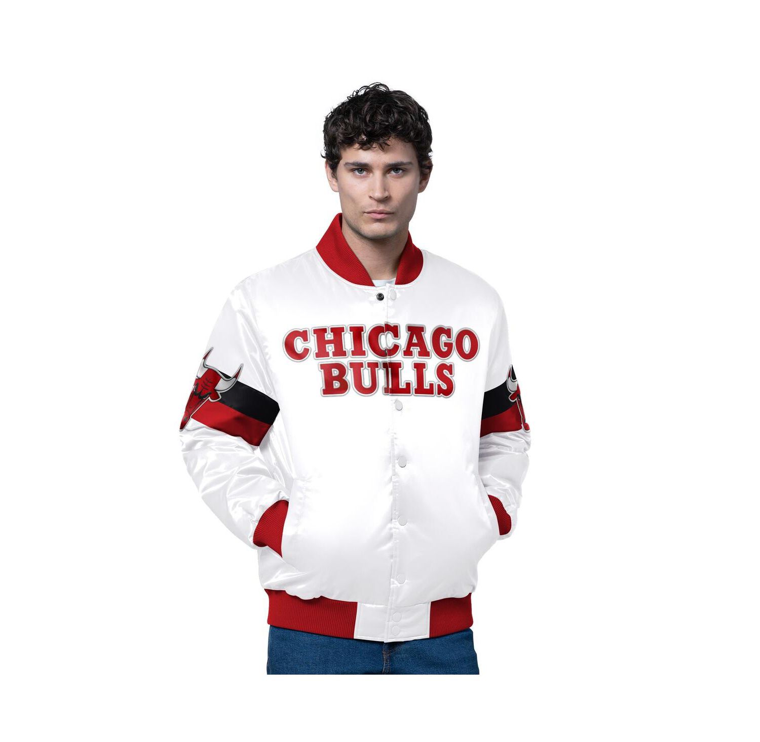 Men's White Chicago Bulls Triple Option Varsity Full-Snap Satin Jacket