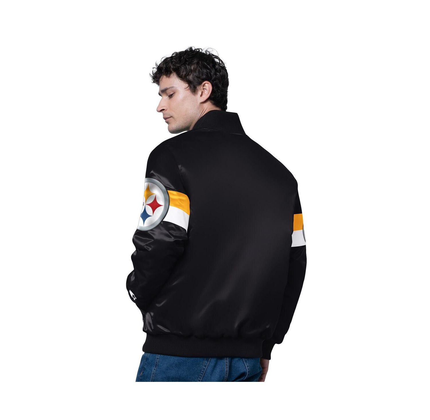 Men's Black Pittsburgh Steelers Triple Option Satin Varsity Full-Snap Jacket