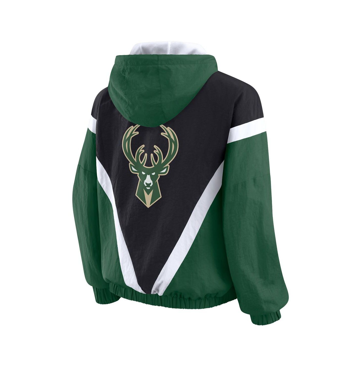 Женские худи WEAR by Erin Andrews Black/Hunter Green Milwaukee Bucks Color Block Full-Zip Windbreaker Jacket — фото 3