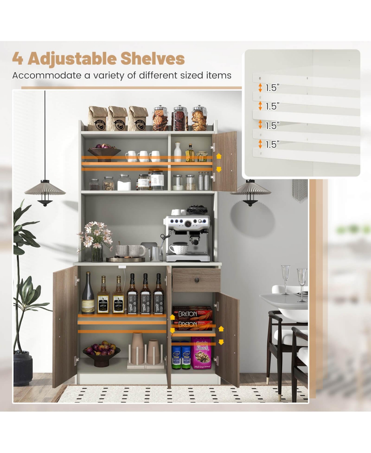 Costway 4-Door 71'' Kitchen Buffet Pantry Storage Cabinet w/Hutch Adjustable Shelf