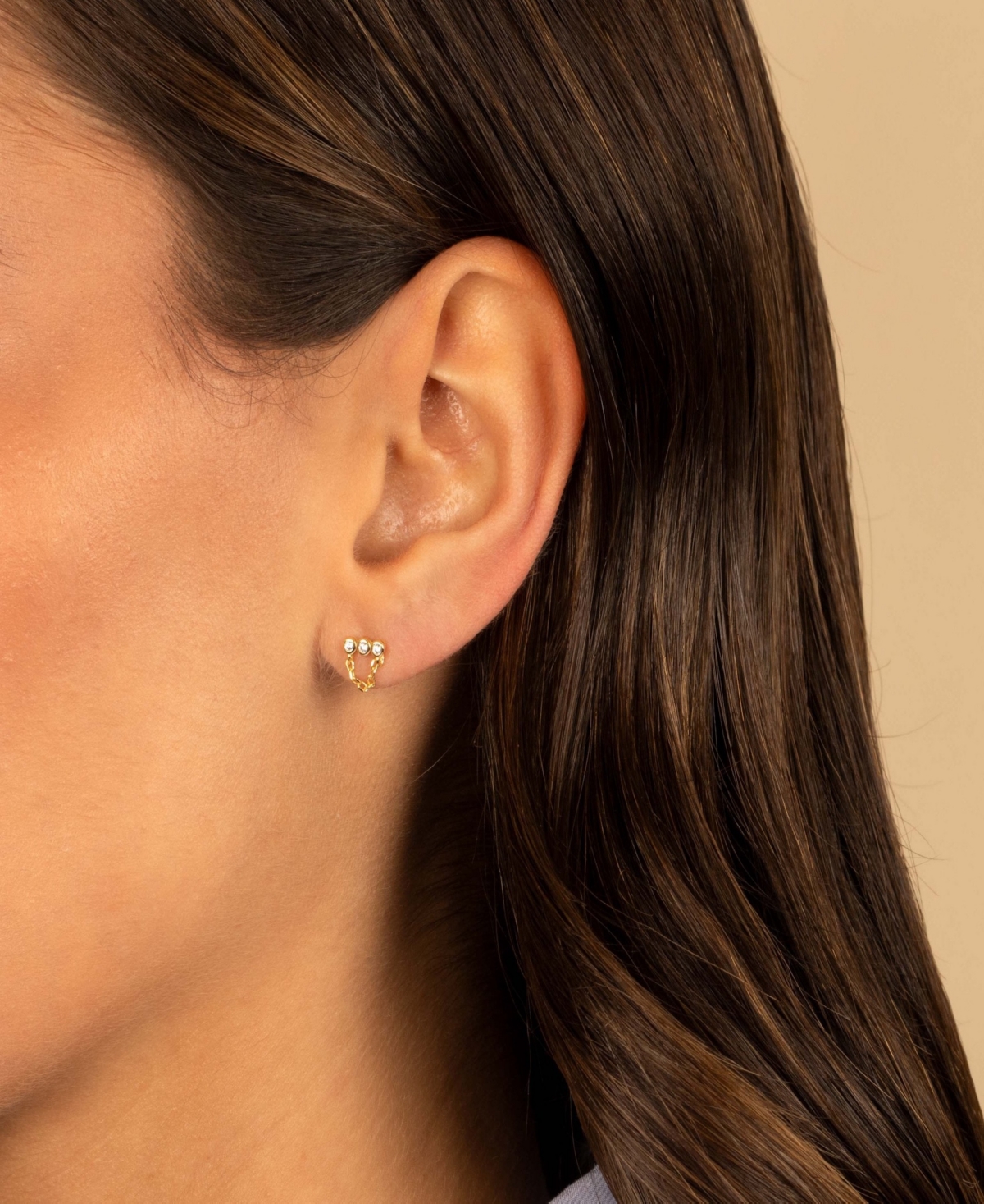 By Adina Eden Mini Triple Cubic Zirconia Bezel Bar Drop Chain Stud Earring