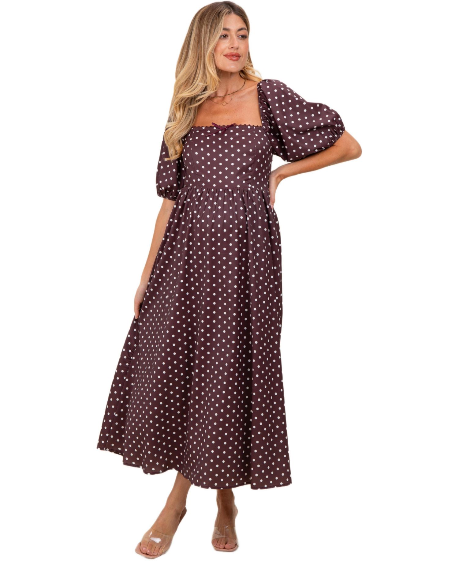 Women's Polka Dot Square Neck Midi Dress