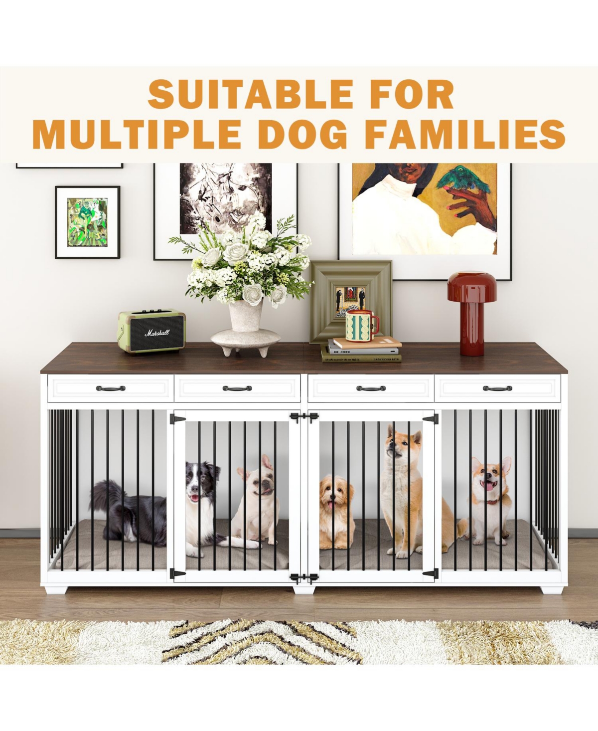 92.9 in. Super Large Dog Crate Furniture Wooden Dog Crate Kennel with 4 Drawers